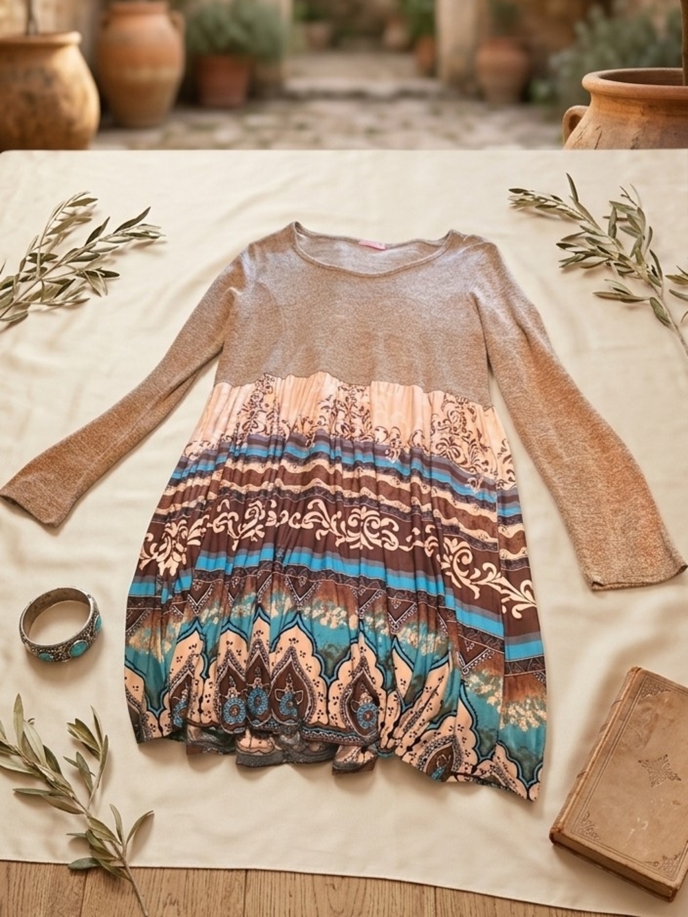 Womans Long Sleeve Dress with Blue & Tan Pattern